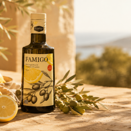 FAMIGO 匠心款檸檬共萃特級初榨橄欖油，搭配檸檬與橄欖的地中海風格商品形象照
